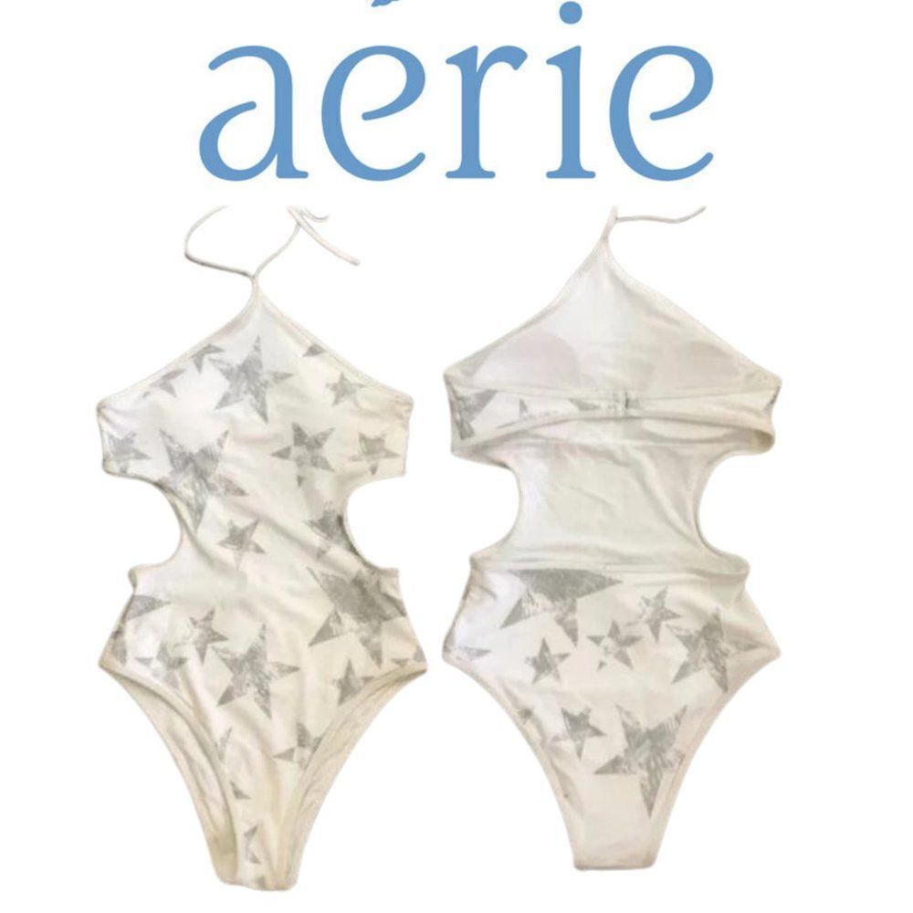 Aerie Women's Winter White Low Back Star Print High Leg Halter Swimsuit …
